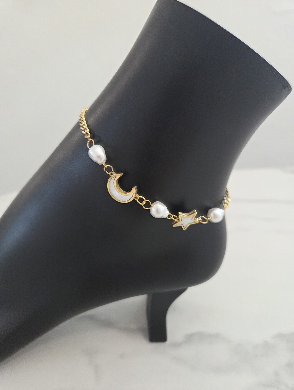 Gold Celestial Anklet Pearl Crescent Moon Star Charm Bracelet - Picture 6 of 16